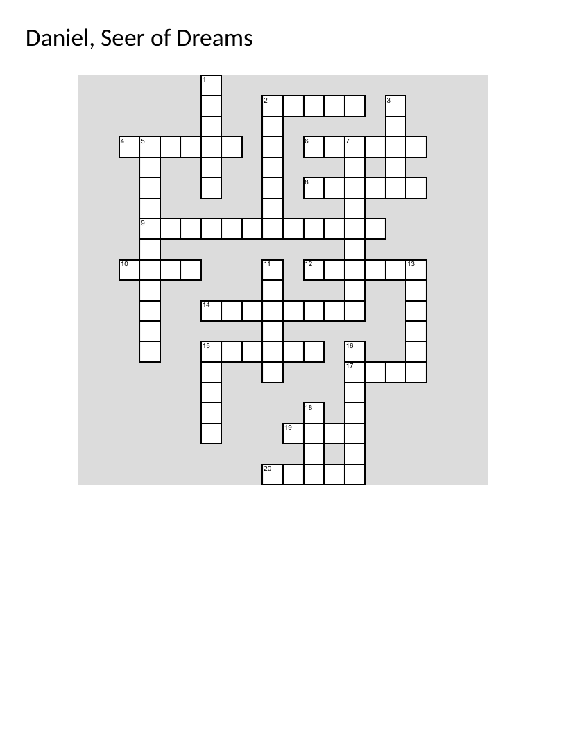 Bible crossword on the Book of Daniel with themes of kingdoms, dreams, and God's wisdom.