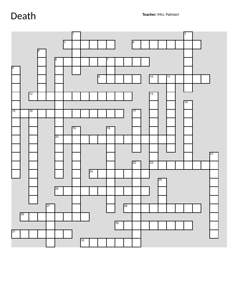 Forensic science crossword covering decomposition, pathology, and manner of death.