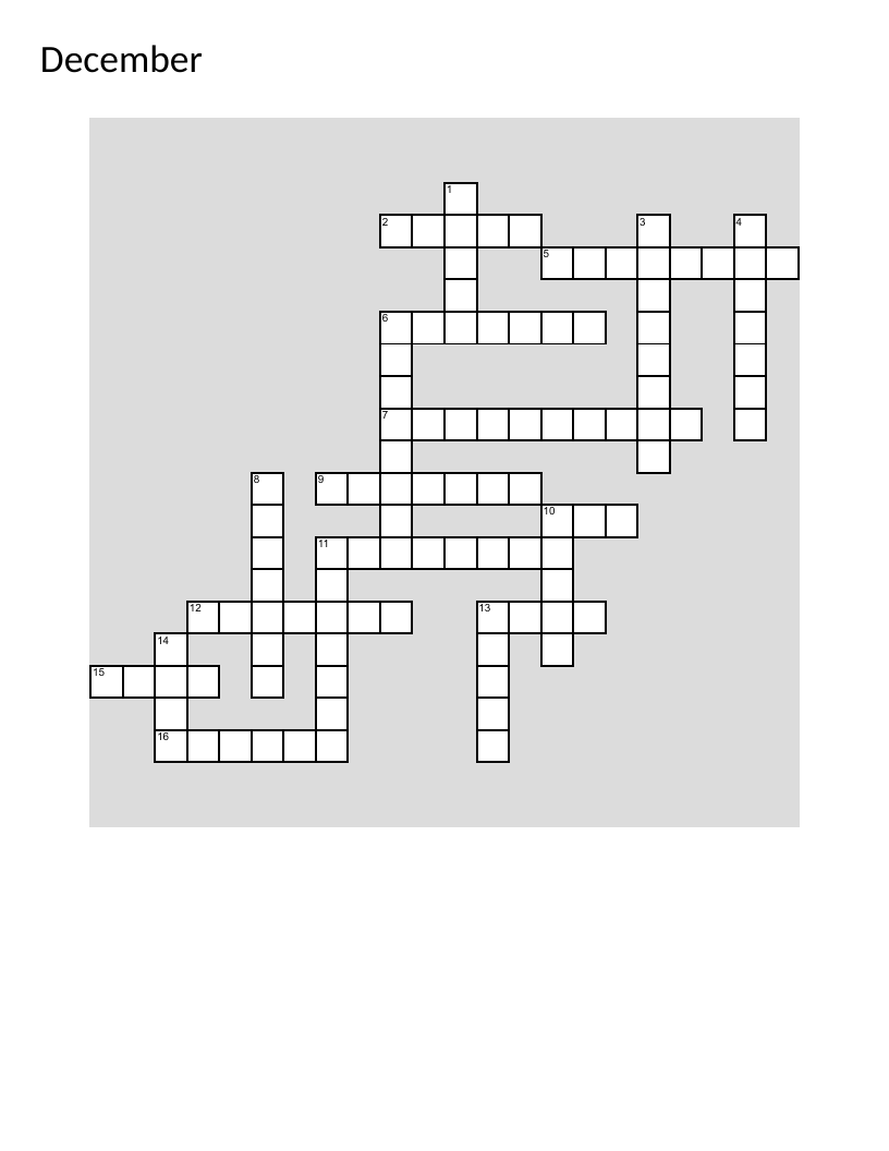 December winter crossword puzzle with snow, sledding, ice skating, and seasonal words.