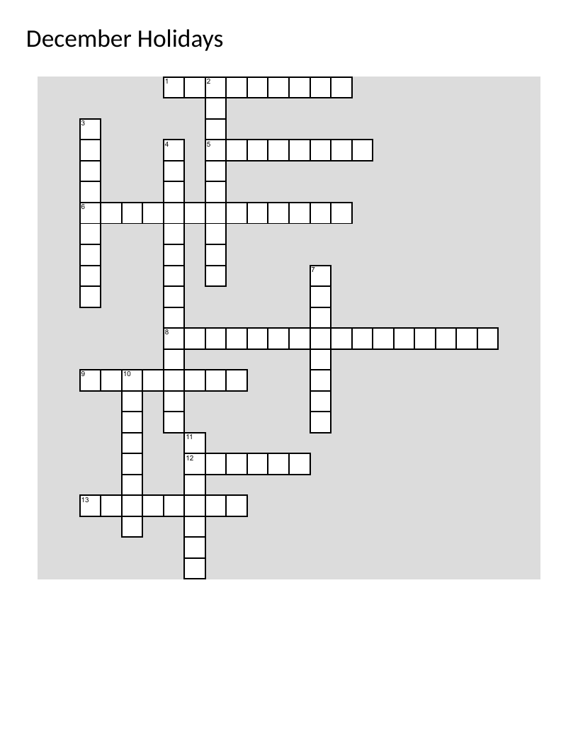 December holidays crossword with Christmas, Hanukkah, Kwanzaa, and winter traditions.