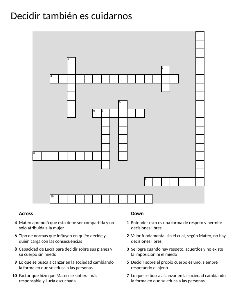 Spanish crossword on gender equality, autonomy, and shared responsibility.