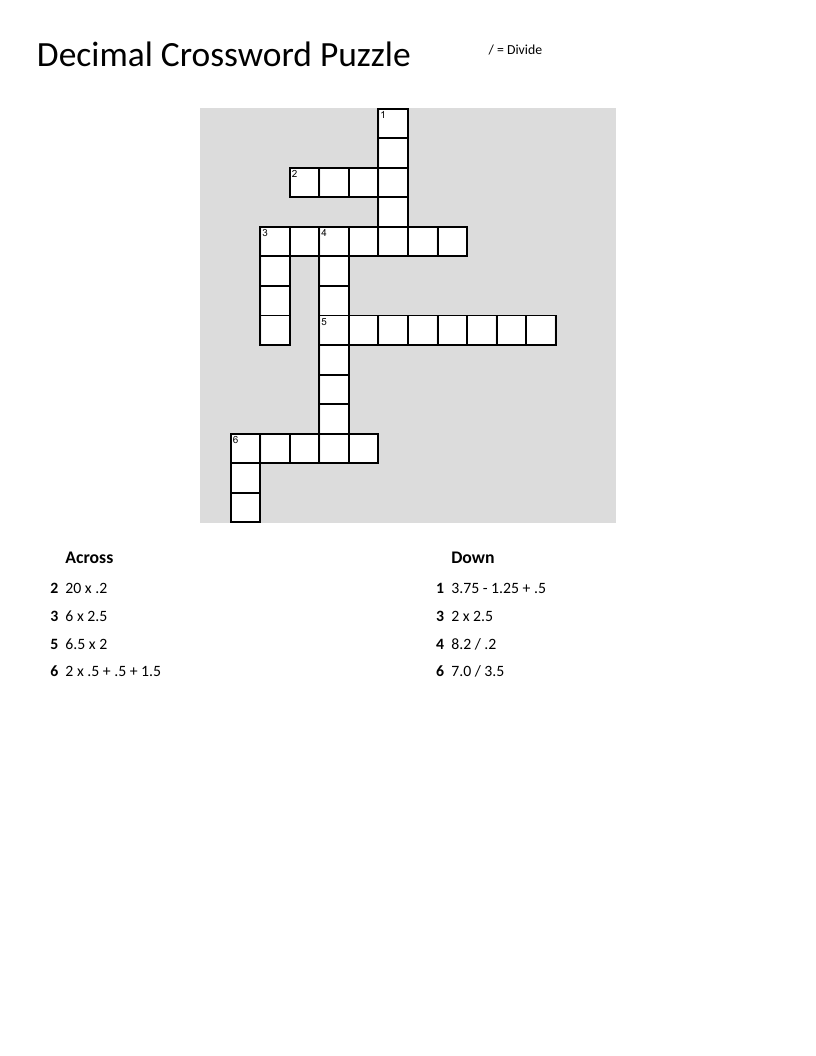 Decimal math crossword with multiplication and division problems.