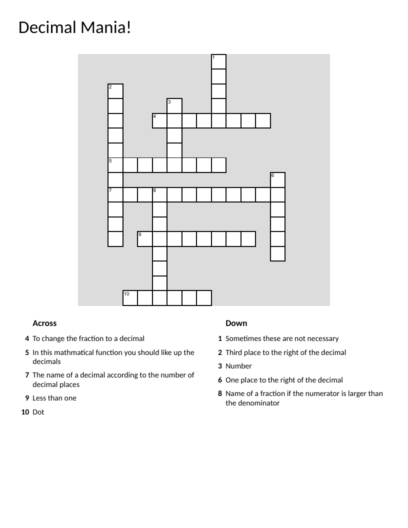 Decimal math crossword with tenths, thousandths, and fraction conversion.