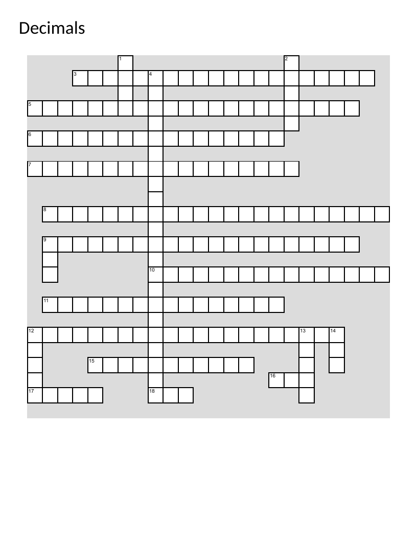 Decimals math crossword with arithmetic problems involving addition, subtraction, and division.
