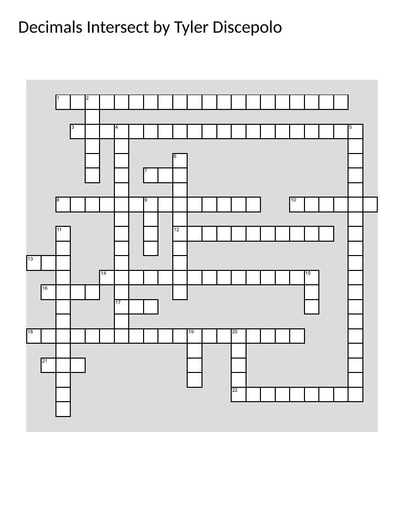 Math crossword puzzle for decimal computation and word form conversion.