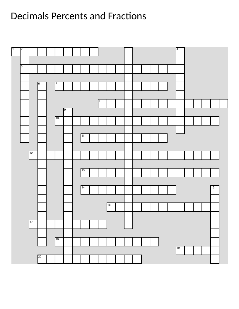 Math crossword with decimals, percents, and fraction calculations for middle school students.