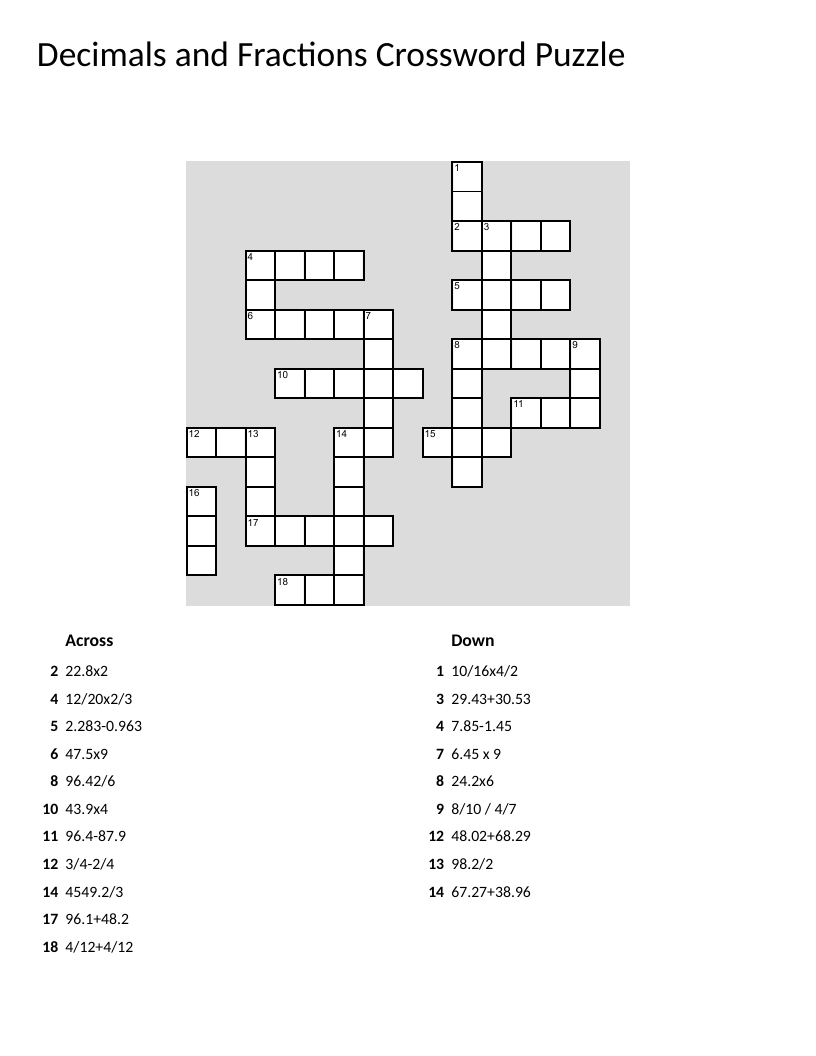 Math crossword with decimal and fraction arithmetic problems for Grades 5–7.