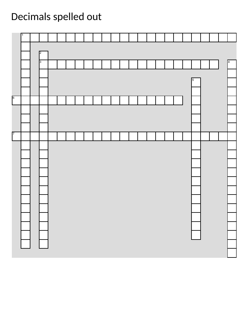 Decimal word problems crossword puzzle with spelled-out answers for elementary math.