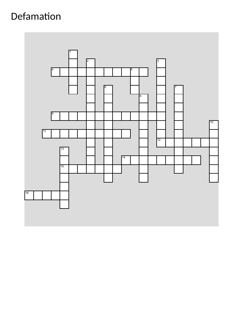 Defamation law crossword covering libel, slander, legal defenses, and civil rights concepts.