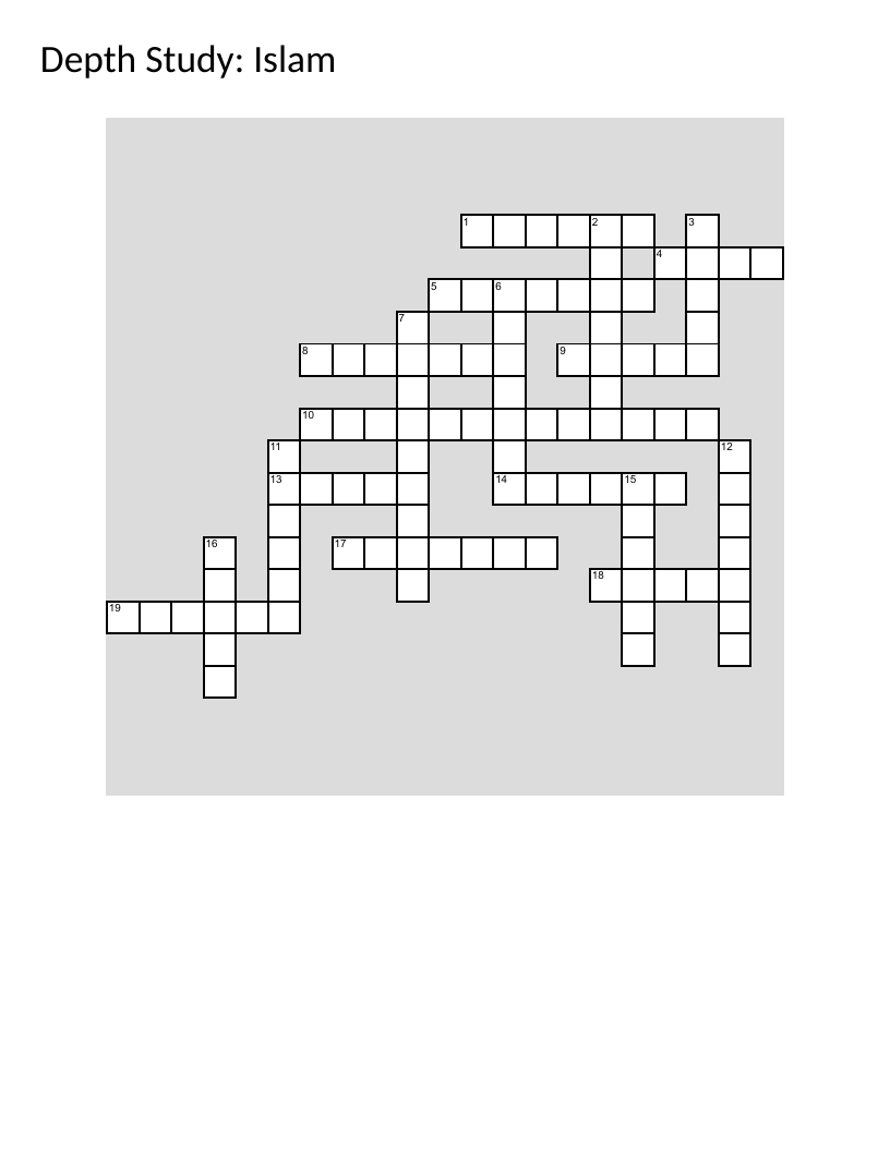 Islam crossword puzzle with Islamic theology, law, and history vocabulary.