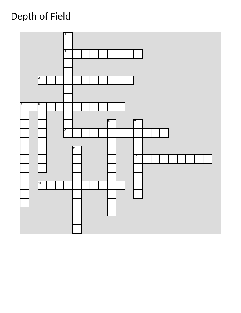 Depth of field crossword with photography techniques, aperture, and focus methods.