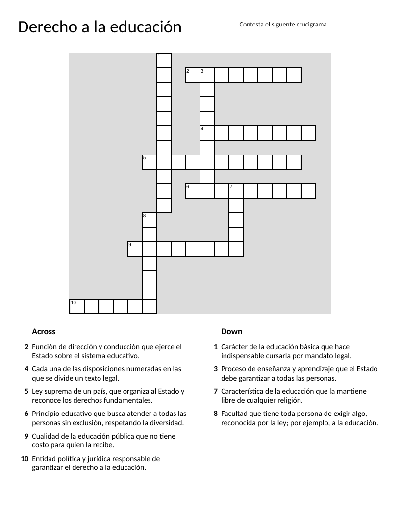 Spanish crossword on education rights with terms like constitution and inclusive education.