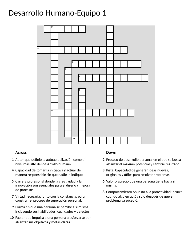Spanish human development crossword with Maslow, motivation, and self-actualization concepts.