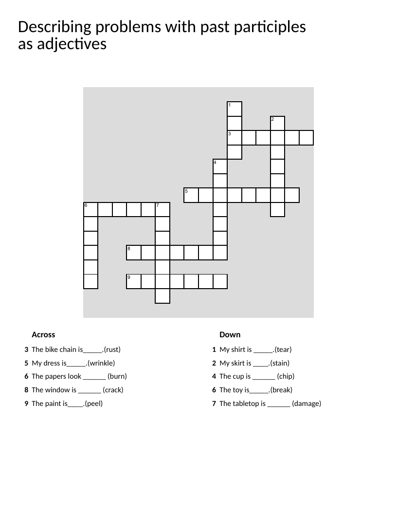 Past participles grammar crossword with broken, cracked, and stained.