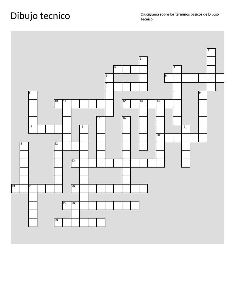 Spanish technical drawing vocabulary crossword with terms like escala, proyección, and perspectiva.