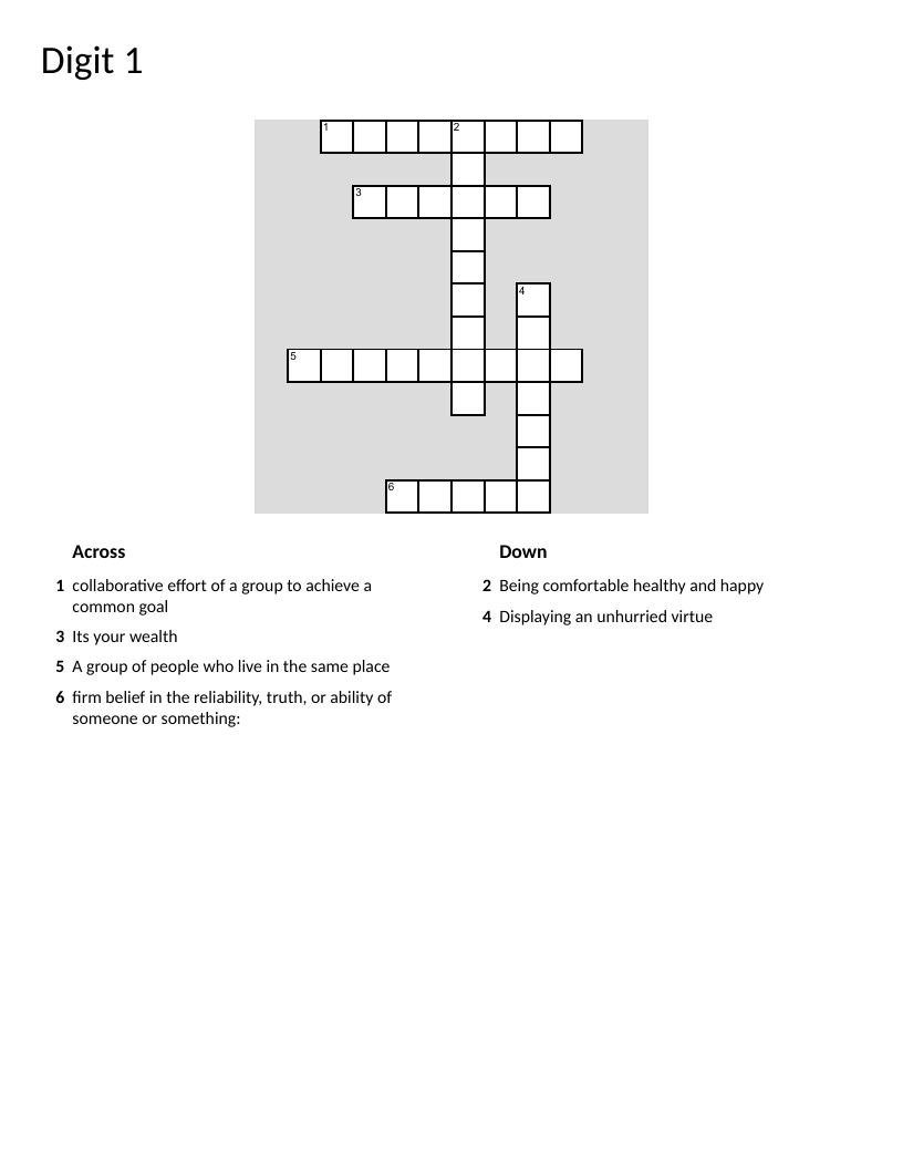 Values crossword puzzle with vocabulary about teamwork, health, trust, and community.