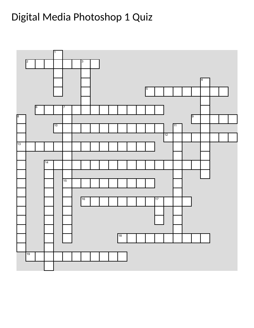 Photoshop tools crossword: layer masks, cloning, selection tools, and design concepts.