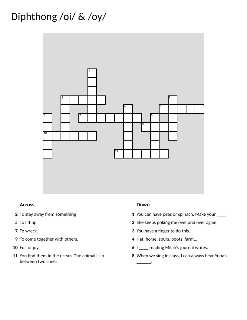 Crossword puzzle for /oi/ and /oy/ diphthong sounds with words like avoid, choice, and voice.