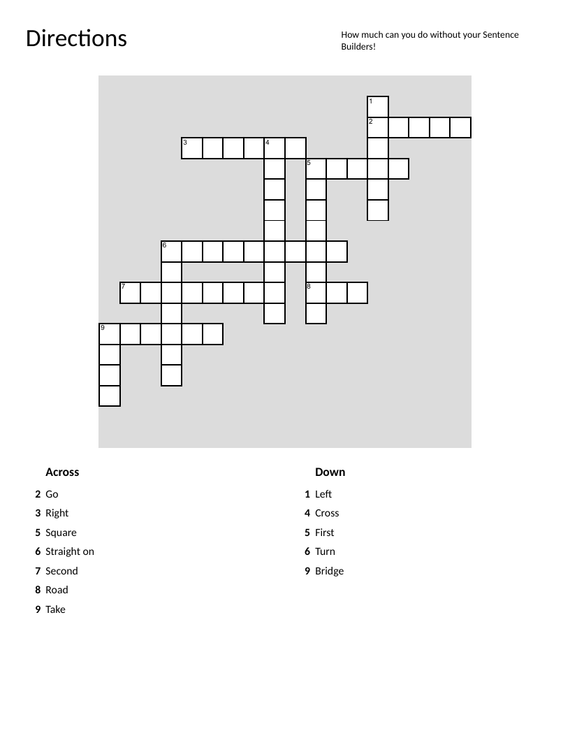 French directions vocabulary crossword with words like gauche, droite, and rue.
