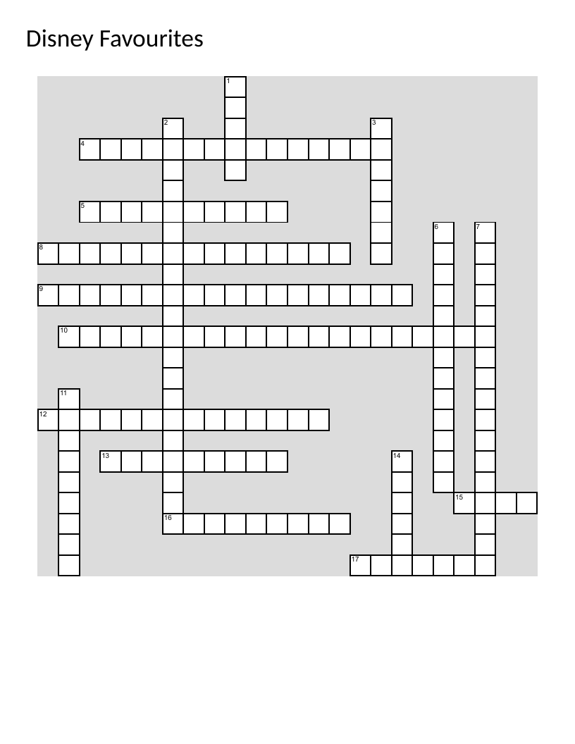 Disney animated films crossword with classics like Frozen, The Lion King, and Aladdin.