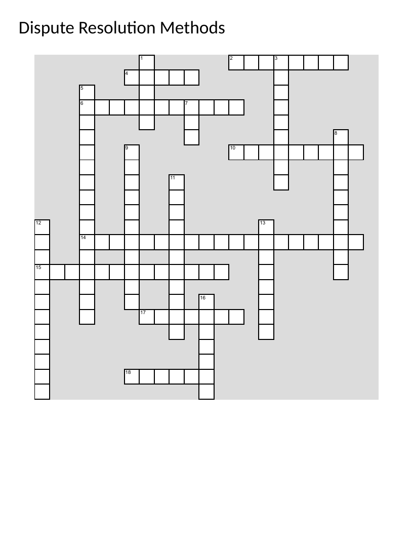 Dispute resolution crossword with mediation, arbitration, and ADR terminology.