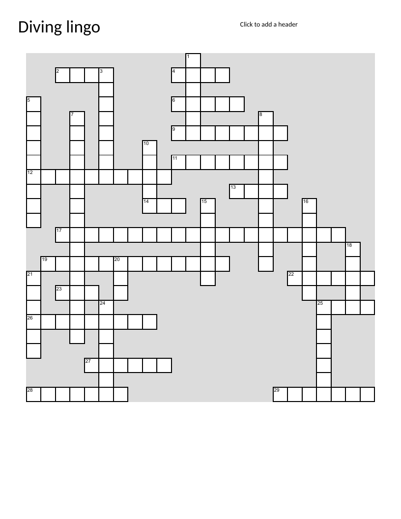 Diving lingo crossword with terms like pike, tuck, and degree of difficulty.