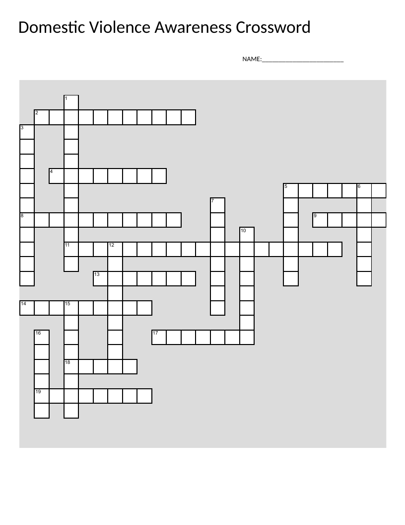 Domestic violence awareness crossword covering safety planning, trauma recovery, and support resources.