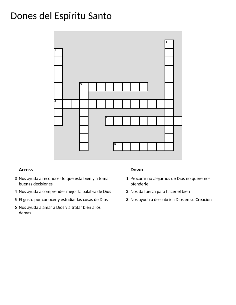 Spanish crossword on the seven gifts of the Holy Spirit: wisdom, understanding, counsel, and more.
