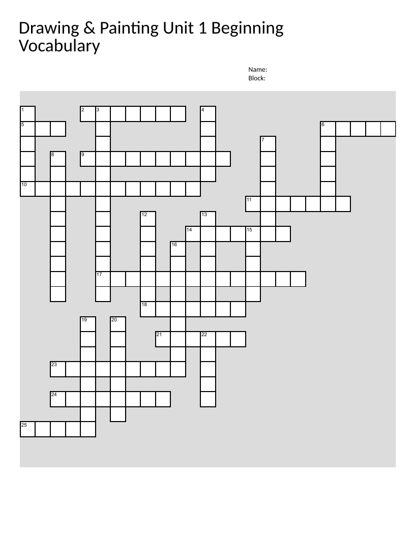 Art vocabulary crossword with drawing and painting terms like contour, texture, and still life.