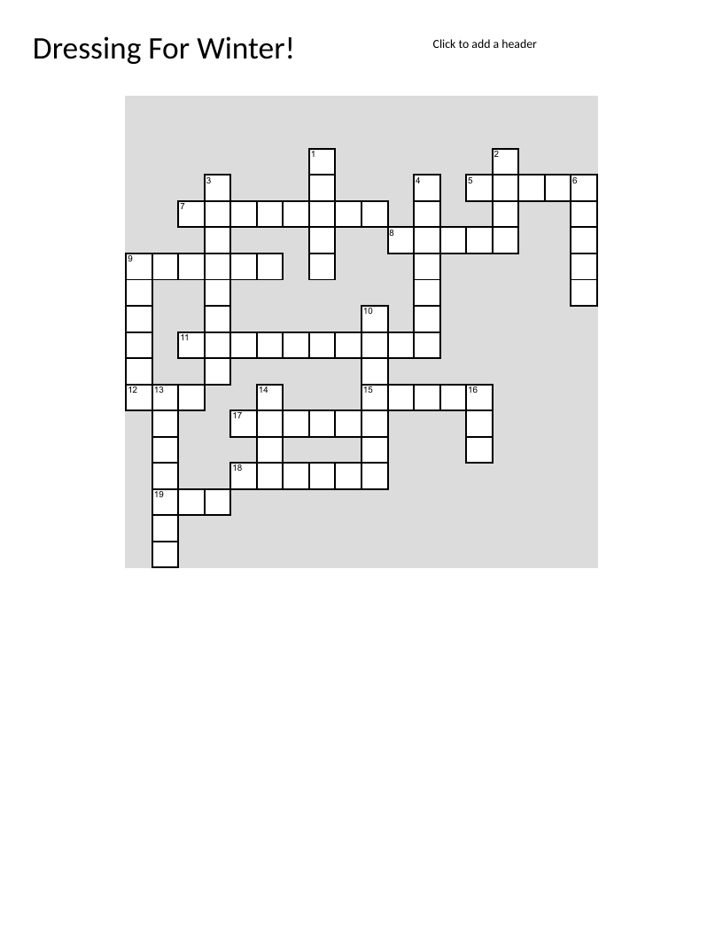 Winter clothing crossword with vocabulary like socks, mittens, scarves, and jackets.