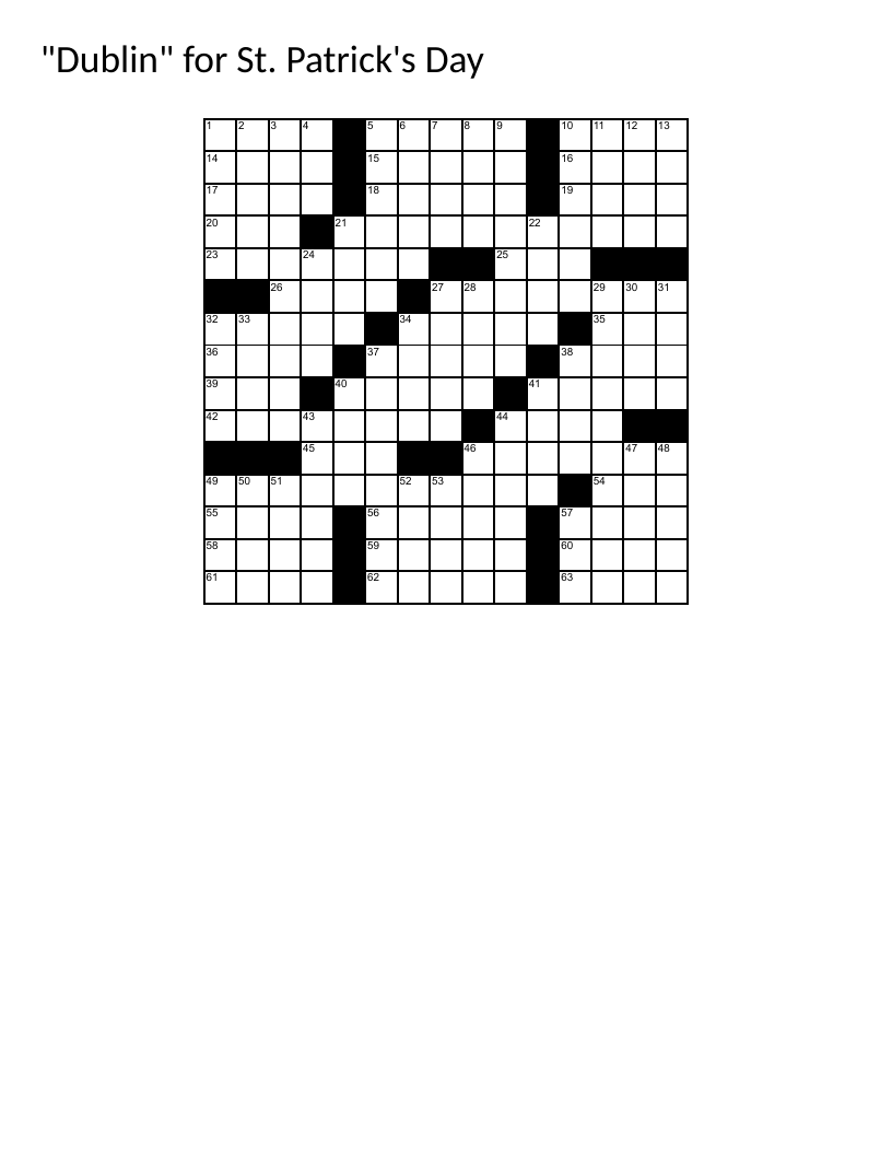 St. Patrick's Day themed crossword puzzle with Dublin and Irish references.