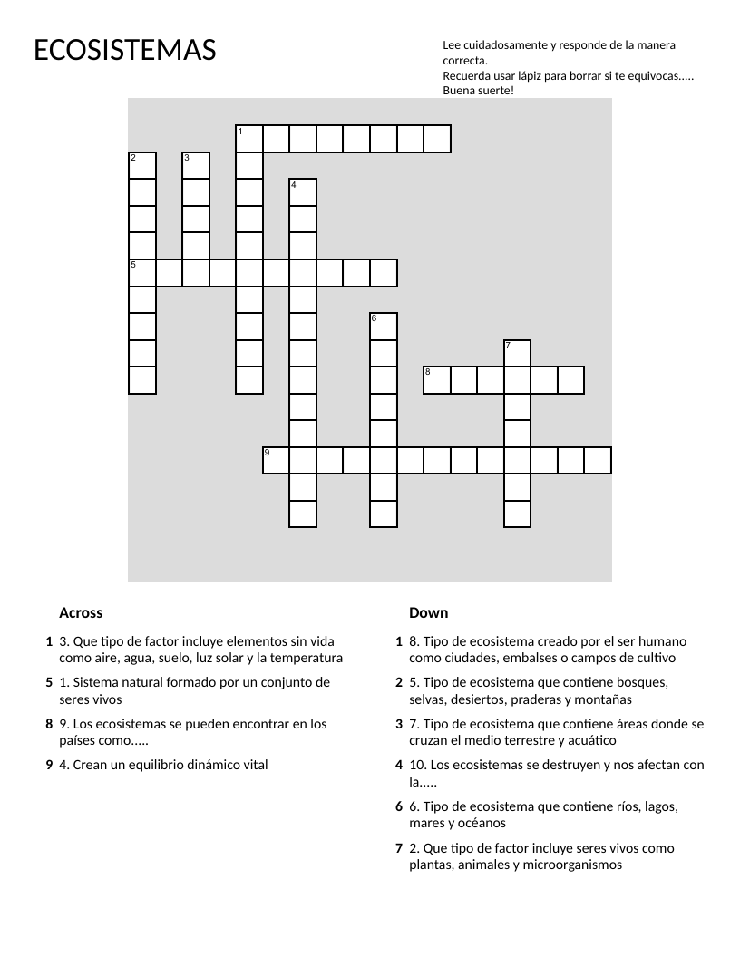 Ecosistemas Spanish crossword with biotic factors, ecosystem types, and biodiversity.