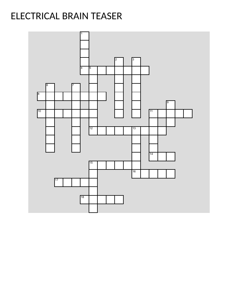 Electrical theory crossword with circuits, conductors, voltage, and tools.