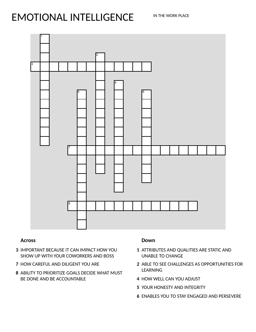Emotional intelligence crossword covering self-awareness, growth mindset, and workplace skills.