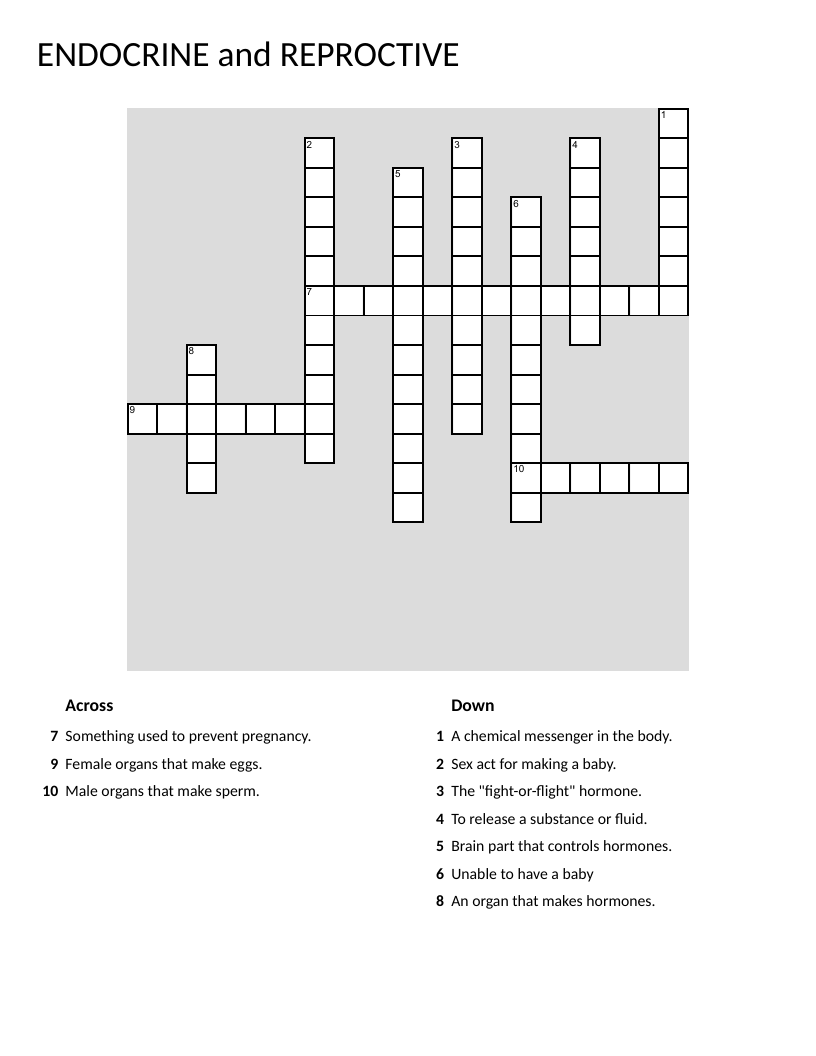 Endocrine and reproductive system crossword covering hormones, glands, and anatomy.