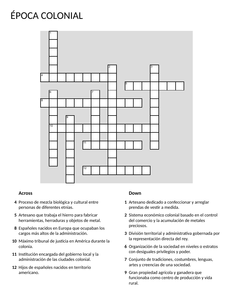 Colonial period crossword with Spanish vocabulary: mestizaje, criollos, virreinato, hacienda.