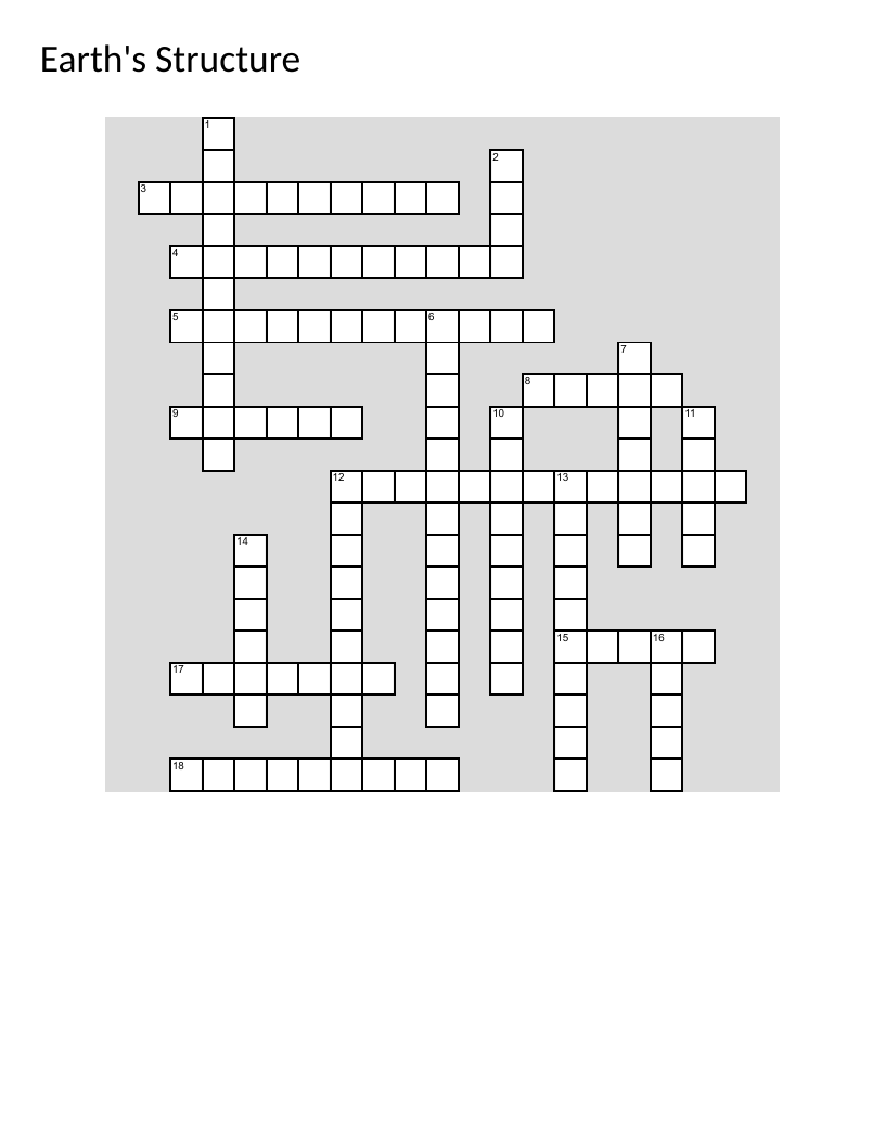 Earth's structure crossword with layers, seismic waves, and plate tectonics.