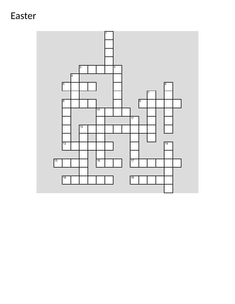 Easter crossword puzzle with spring vocabulary like bunny, eggs, and flowers.