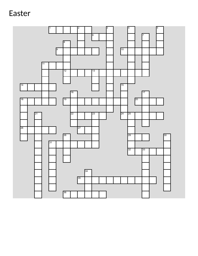 Easter crossword puzzle with egg hunt, bunny, basket, and spring flowers vocabulary.