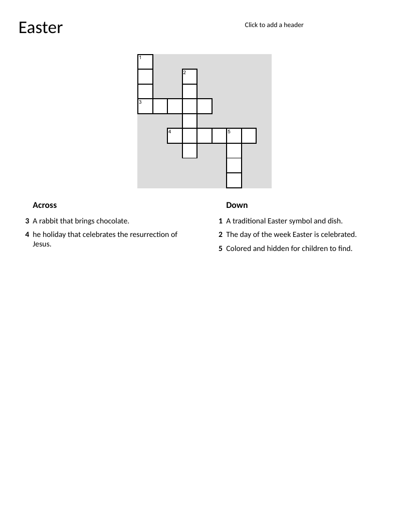 Easter vocabulary crossword with bunny, eggs, and lamb.