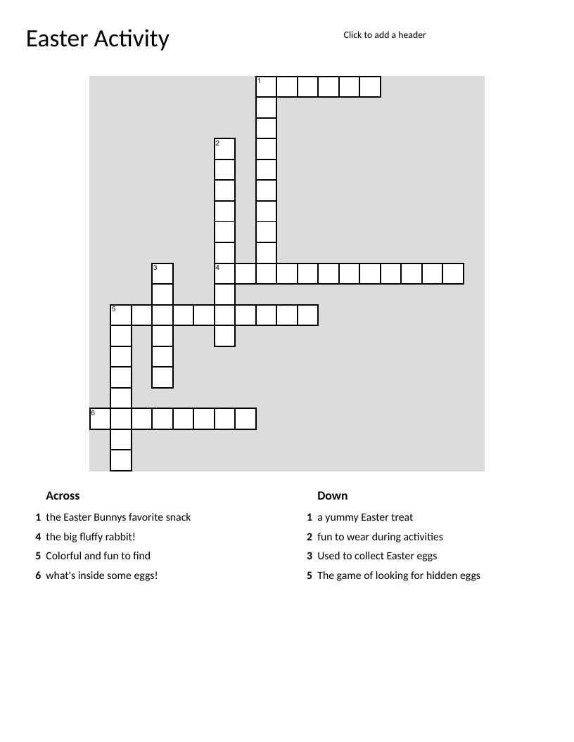 Easter crossword puzzle for young children with Easter bunny, eggs, and basket.