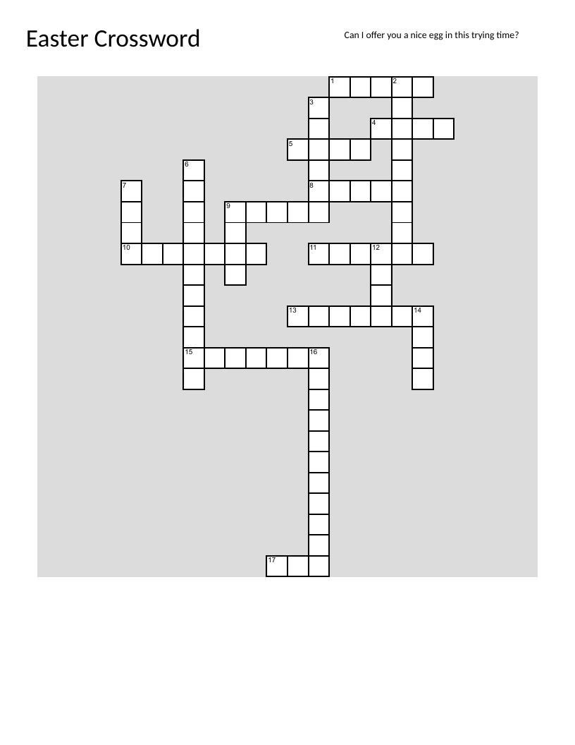 Easter crossword puzzle with eggs, bunnies, lilies, and spring themes.