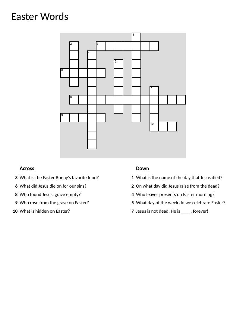 Easter crossword puzzle with words like Jesus, cross, Easter Bunny, and eggs.