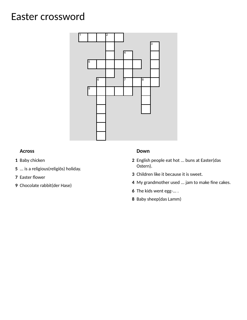 Easter crossword with vocabulary like bunny, egg hunting, lily, and lamb.