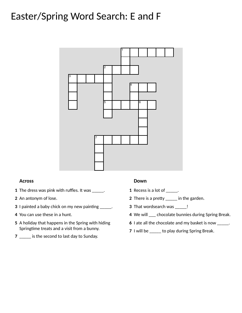 Easter and spring word search with E and F words for beginning readers.