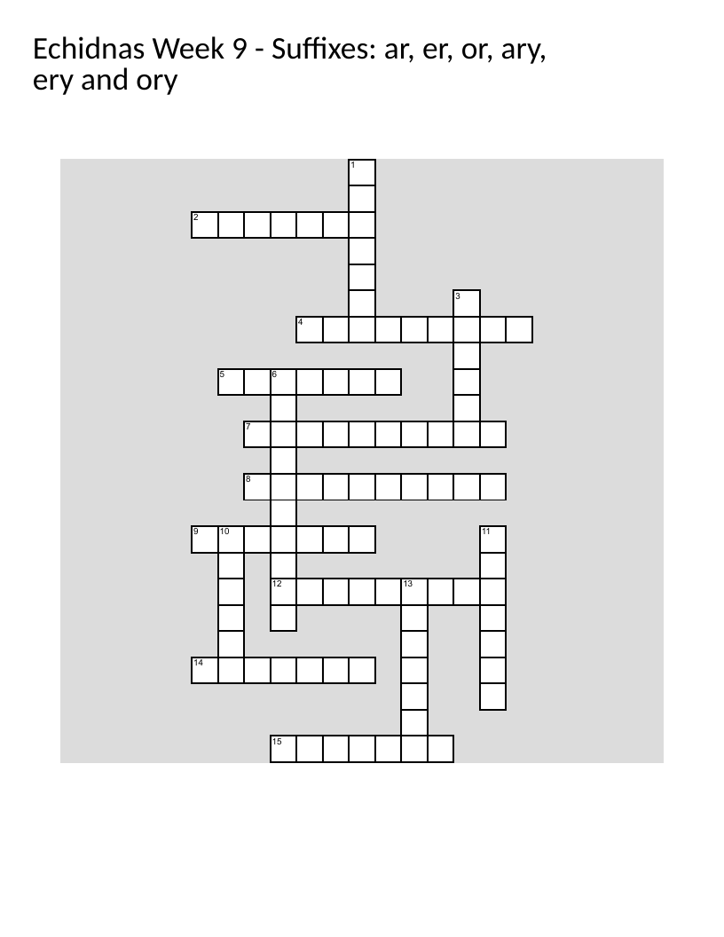 Suffixes crossword puzzle practicing -ar, -er, -or, -ary, -ery, -ory patterns.