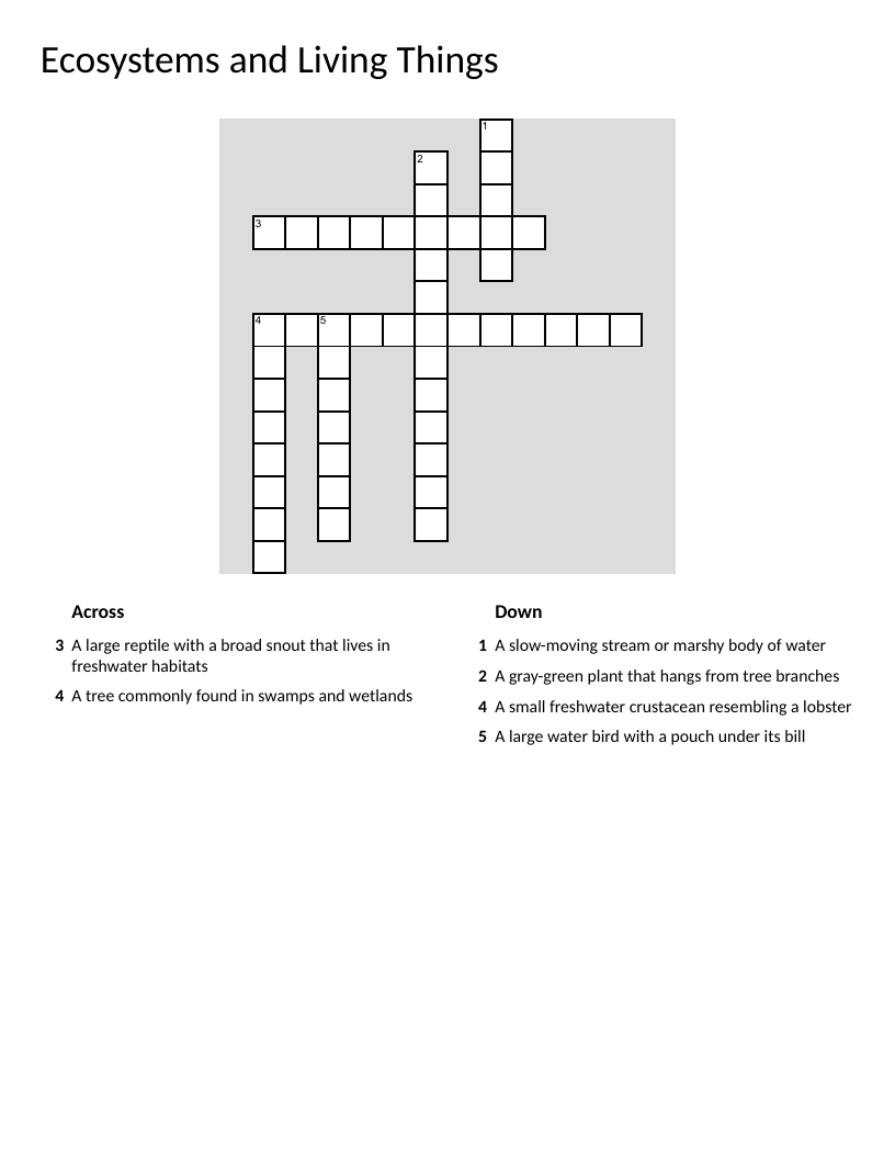 Wetland ecosystem crossword with alligator, cypress tree, and pelican.