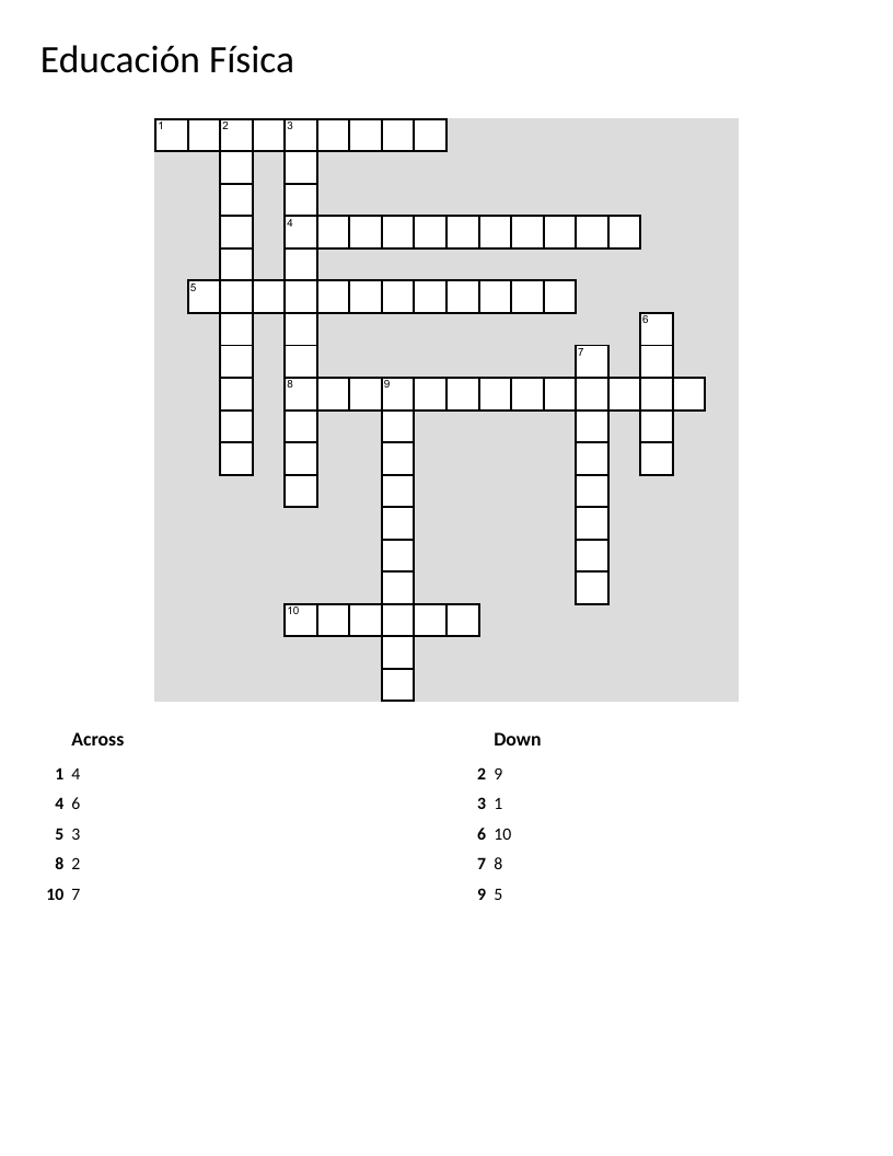 Spanish physical education vocabulary crossword with fitness and sports terms.