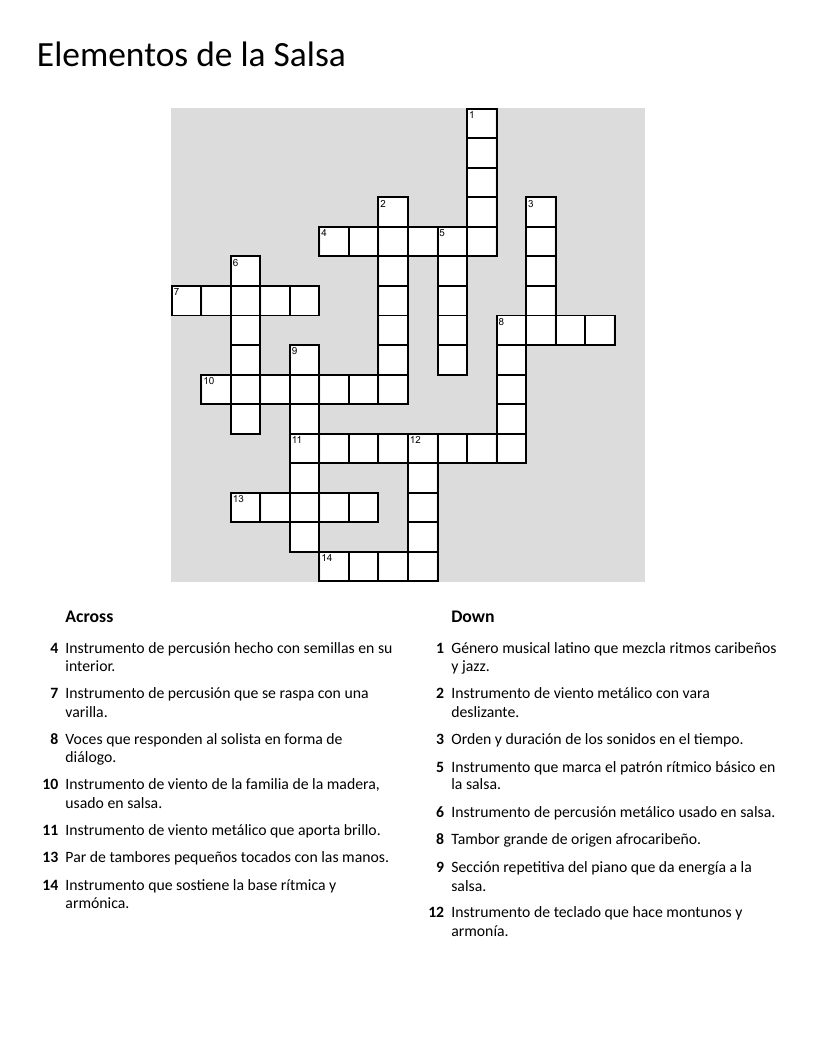 Salsa music crossword in Spanish with instruments like trumpet, bongó, and clave.