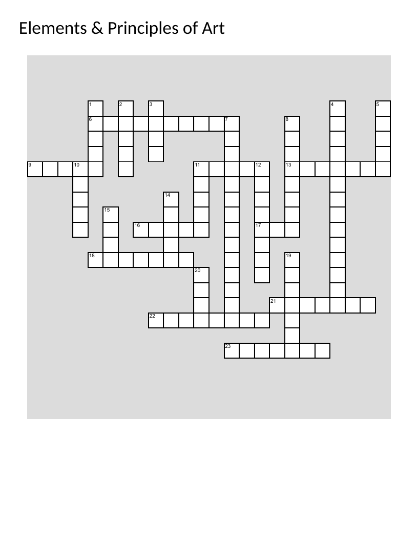 Art elements and principles crossword with color, balance, texture, and contrast.